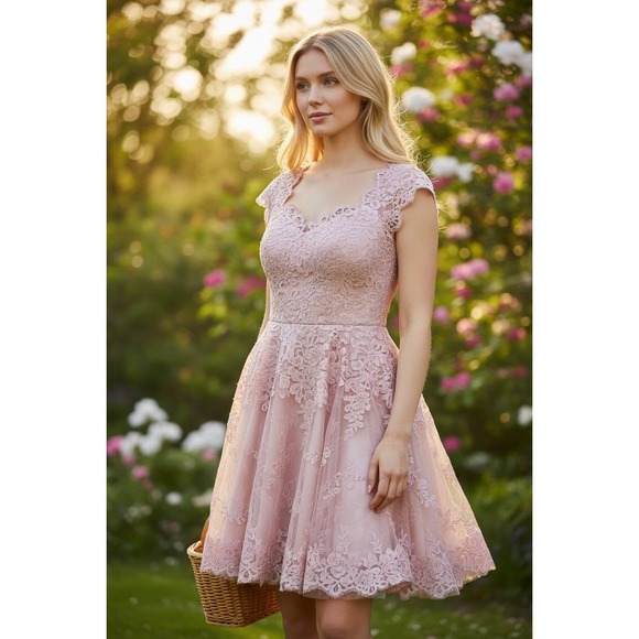 Hebeos A-line Women's Pink Lace Overlay, Cocktail/Party Dress SEE MEASUREMENTS - Picture 2 of 15